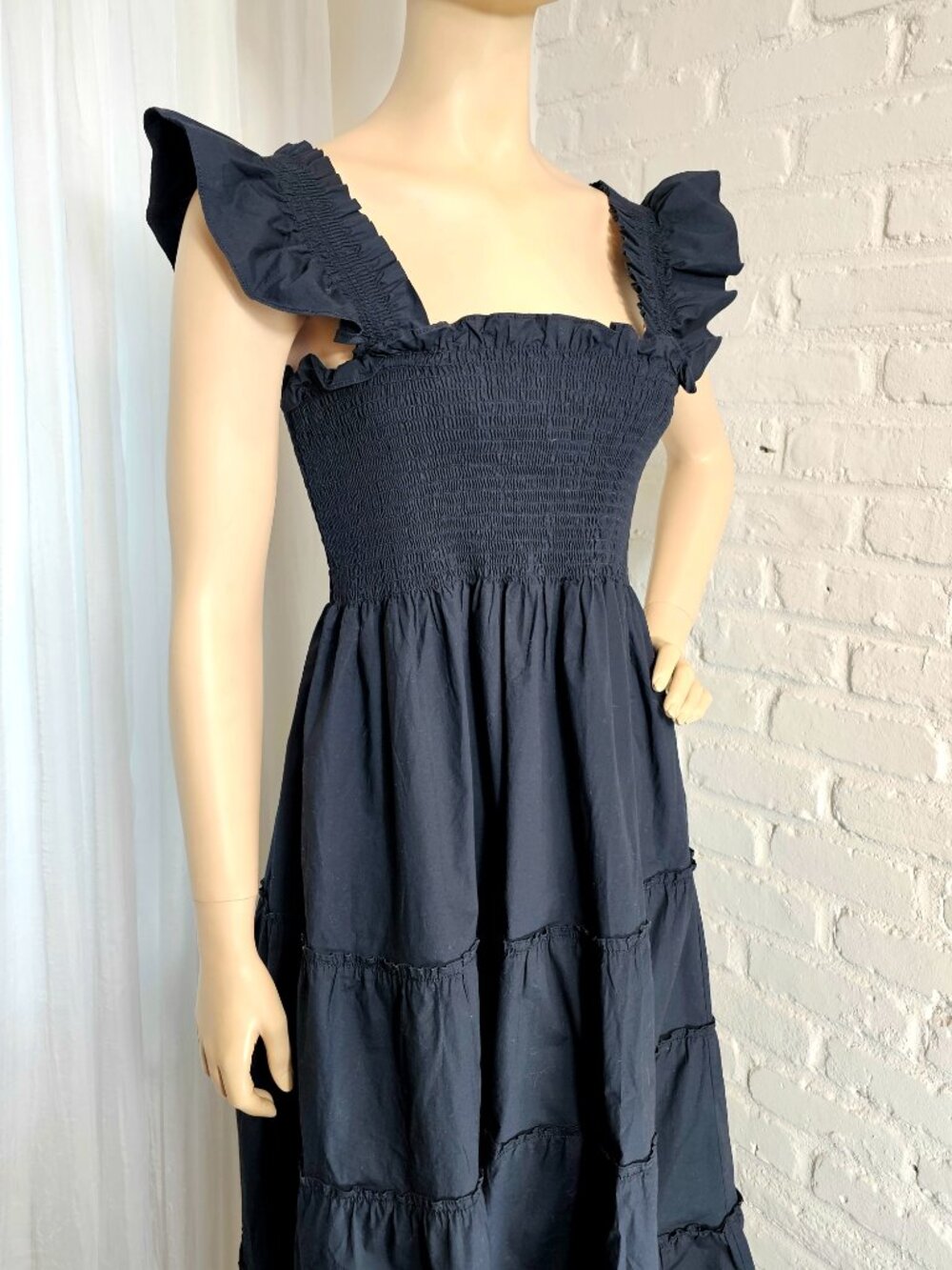 Hill House Home Ellie Nap Dress Black Size M Smocked Tiered Midi Ruffle Pockets - Picture 4 of 9